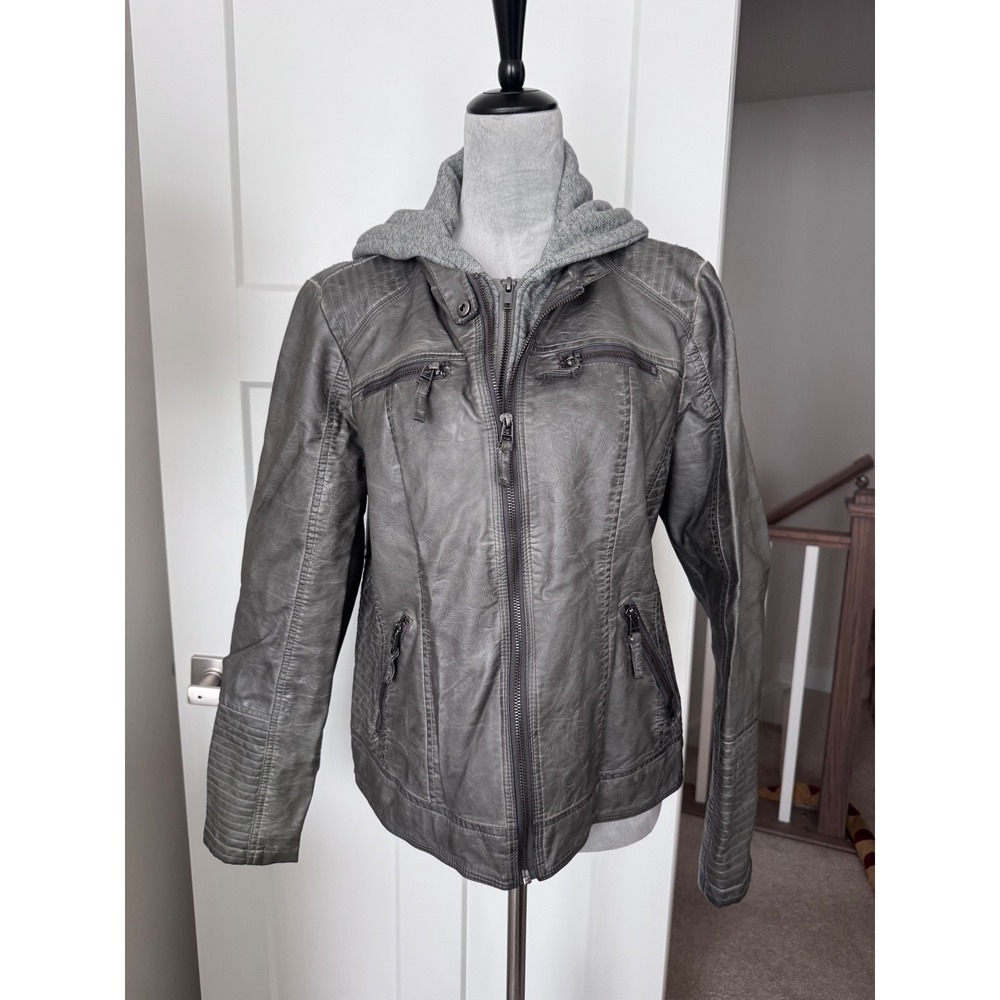 Sebby Collection Womens Grey Faux Leather Hooded Moto Jacket Large